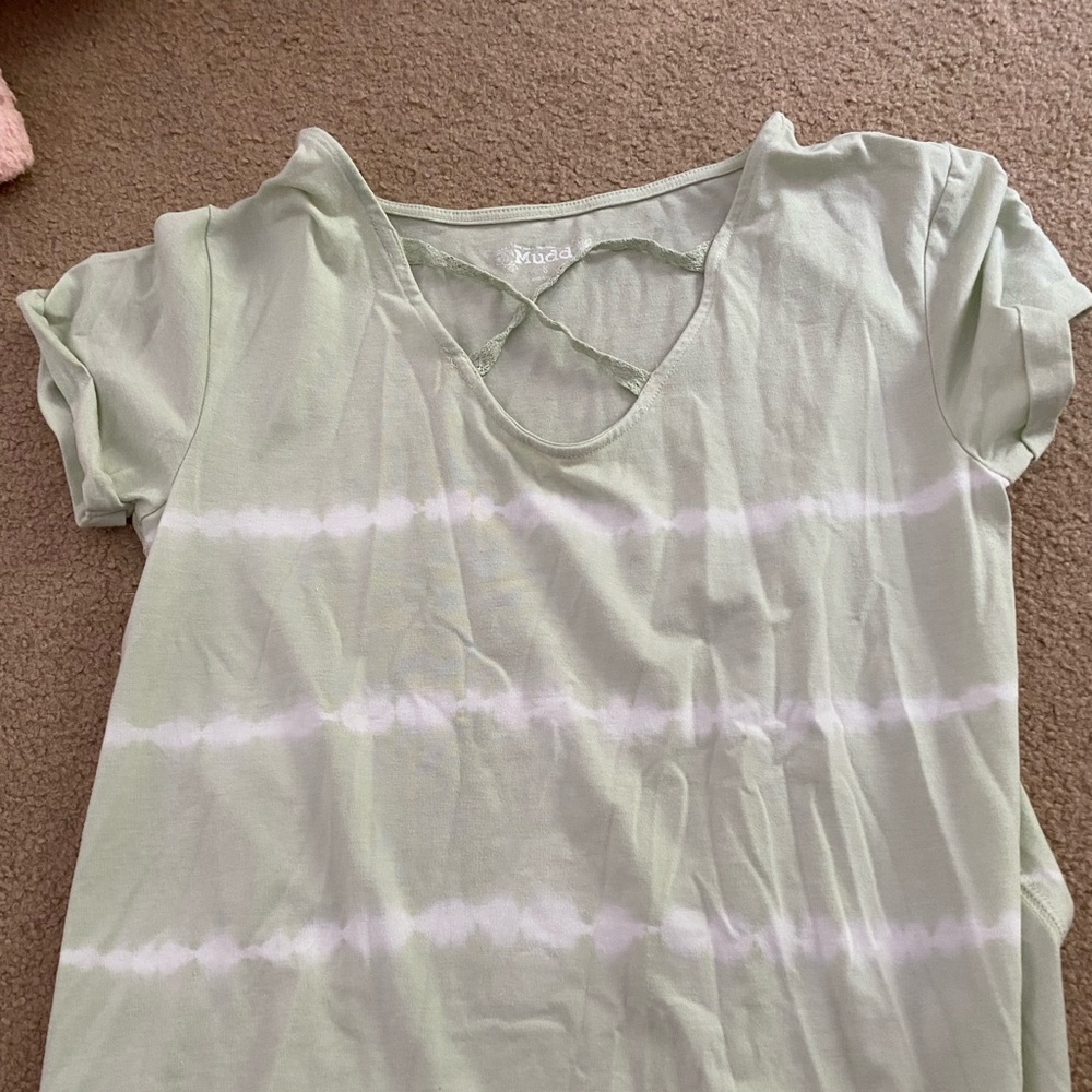 green and white tie dye open vneck